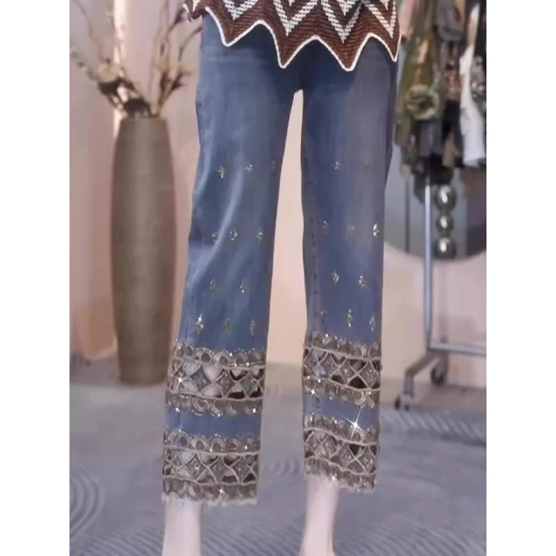 

Women Washed Distressed Jean Straight Jeans Spliced Diamonds Loose High Waist Pockets Hollow Out Zipper Fly Casual 2025