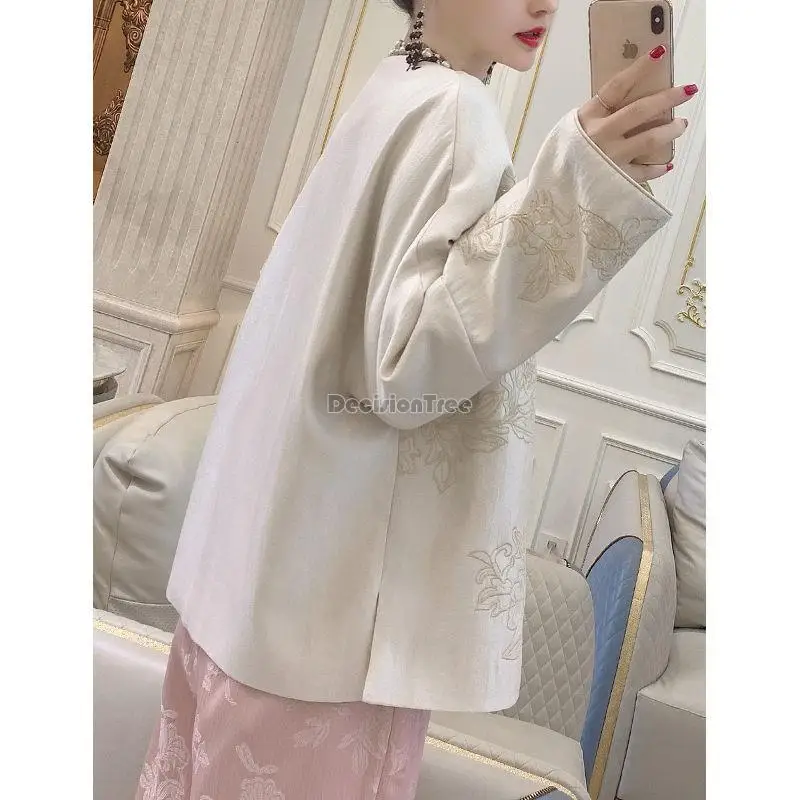 2024 summer chinese style women tang suit shirt half sleeve stand collar loose casual style chinese elegant lace  jacquard coat