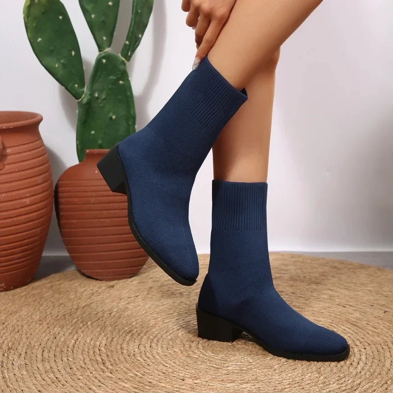 2026 Neue Einfarbige Damen-Strickstiefel bis zur Wadenmitte, Modische Stiefel mit Quadratischem Absatz, Elastische Stiefel für Herbst, Outdoor, Slip-on, Partyschuhe, Größe 43 – Detail 11