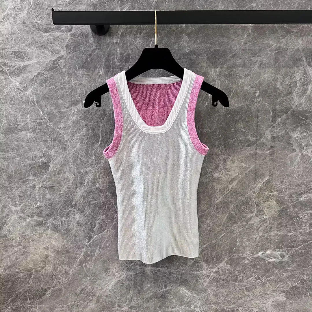 2025 New Summer Fashion O-neck Sleeveless Cotton Tank Tops Women Contrast Patchwork Silver Sweet Slim Vest Tops