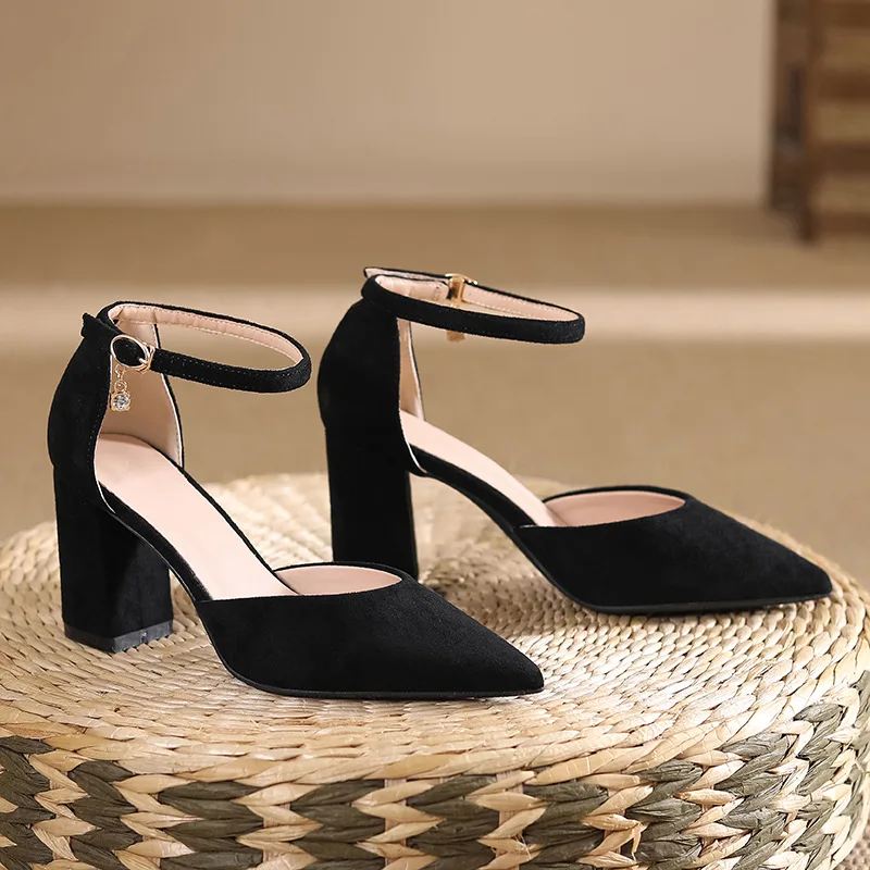 Size 30-44 Chunky High Heels Women Shoes Point Toe Ankle Strap Suede Large Size Office Work Shoes