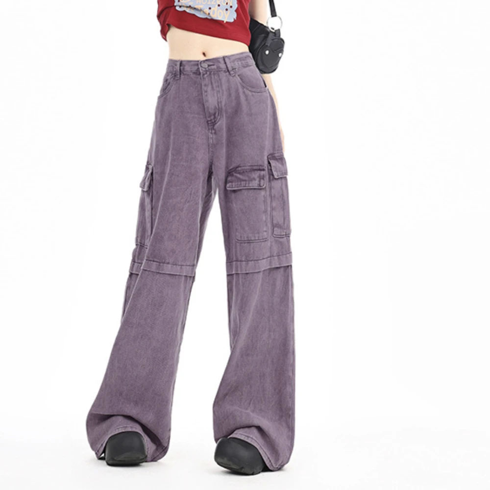 

Jeans Wide Leg Pants Denim Pockets High Waist Washed Loose Fit Cargo Pants Spliced Solid Full Length Jean Basics Vintage