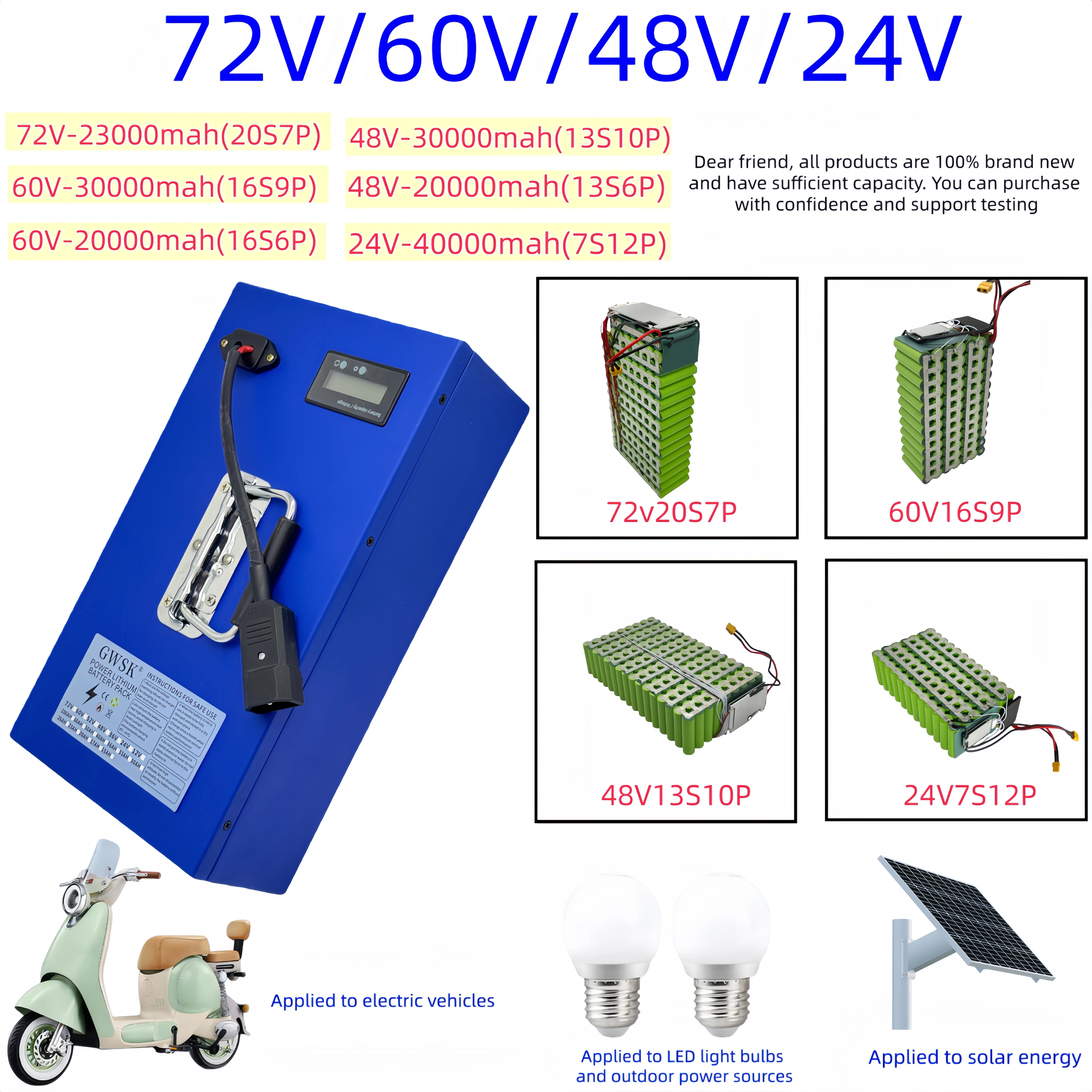 

Air freight, brand new high-capacity 18650 lithium-ion battery, 72V/60V/48V/24V, suitable for use in vehicles below 3000W