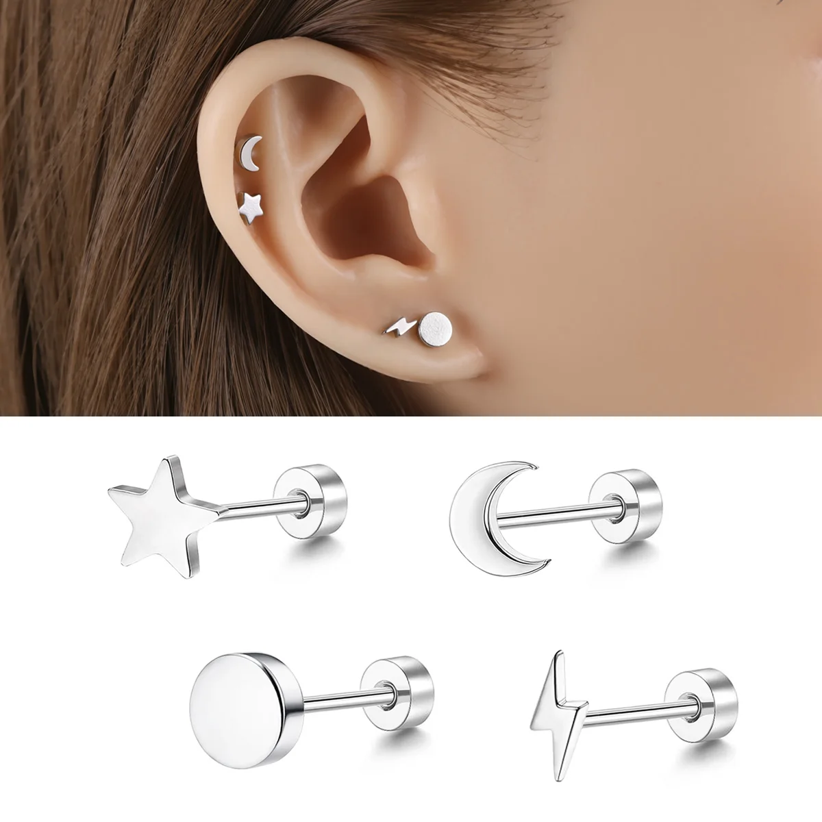 

English: 3 Pcs Stainless Steel Ear Stud Set (Star+Moon+Barbell+Lightning), Women's Daily Piercing Jewelry, Hypoallergenic Unique