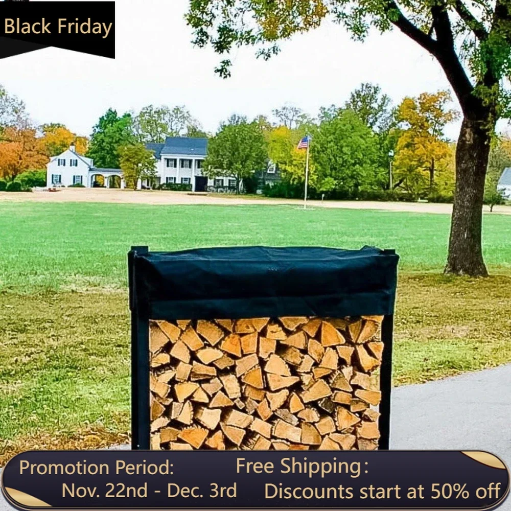 Black 4 Foot - Heavy Duty Made In USA - Indoor Outdoor - 1/4 Cord Firewood Storage Log Rack With Seasoning Cover Combo Set