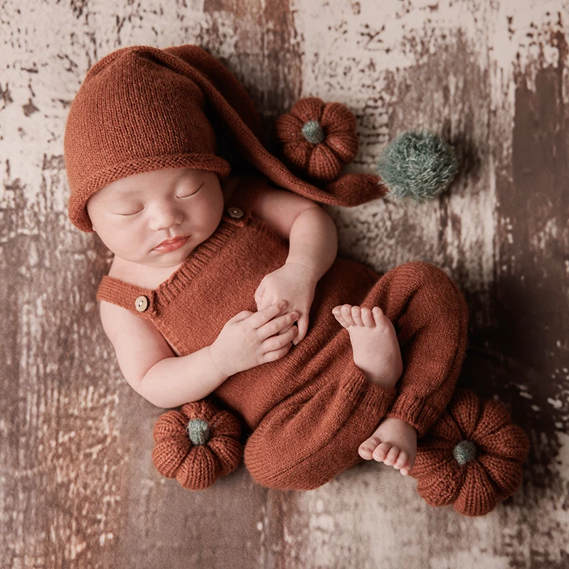 Vintage Knitted Newborn Photo Prop Outfit Long Tail Hat Romper Handmade Knit Pumpkin Decor Baby Shooting Costume Accessories