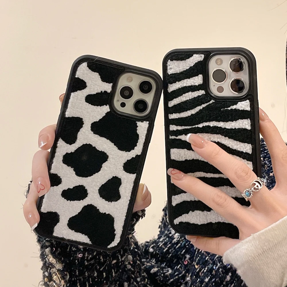 Black white zebra pattern Embroidery Fluffy Plush Phone Case for IPhone 14 13 12 11 Pro Max X XR XS 7 8 Plus Wool Fabrics Cover