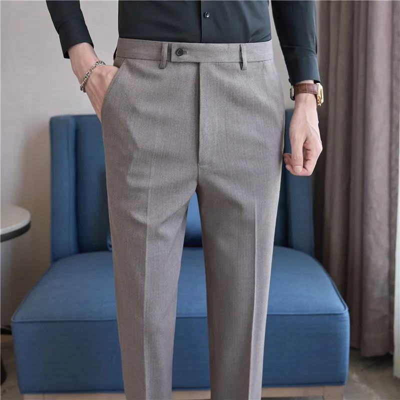 Men Pinstripe Suit Pants 2024 Autumn New Casual Straight Formal Dress Pants Elastic Slim Fit Trousers Wedding Party Men Clothing