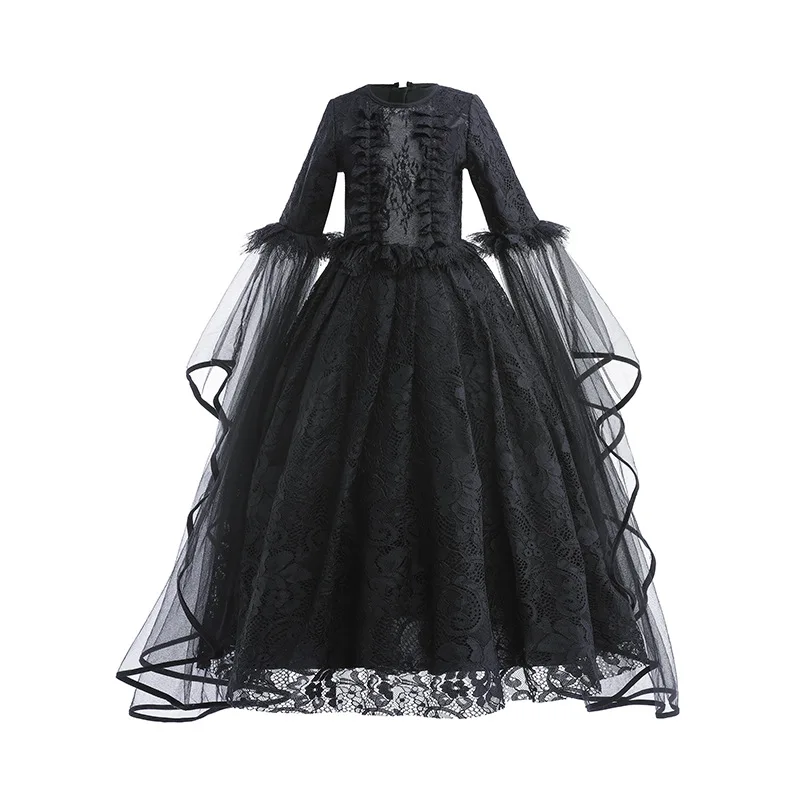 Girl Witch Dress Kids Long Sleeve Black Lace Gown Halloween Party Evil Role Playing Costume Carnival Cosplay Outfits