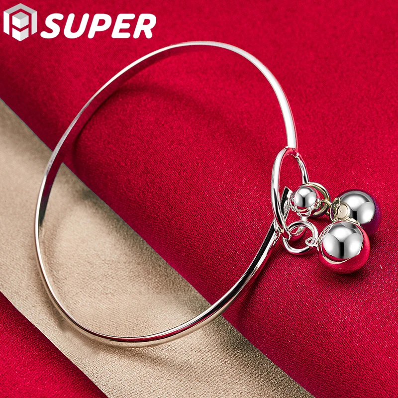 

925 Sterling Silver Smooth Double Bead Bangle Bracelet For Woman Fashion Wedding Engagement Party Jewelry