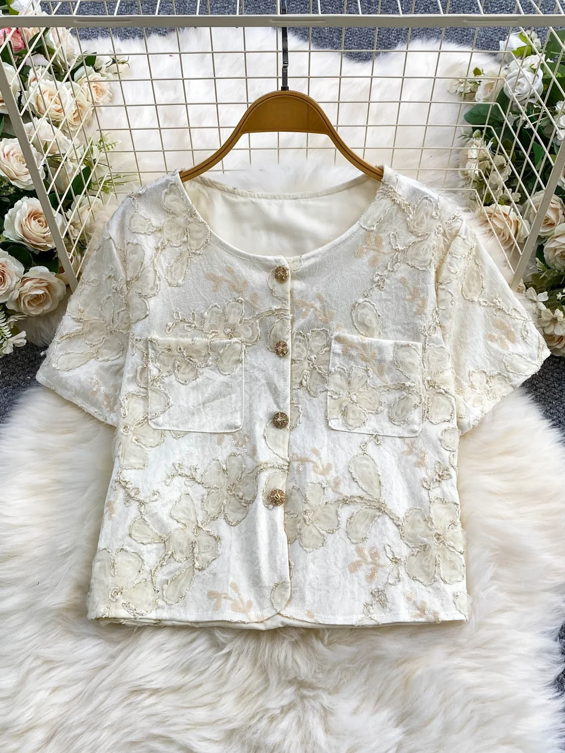  Embroidered Sequin Mesh Loose Fit round Neck Jacket Women's Summer Slimming Top Commute Style Short Sleeve Outerwear