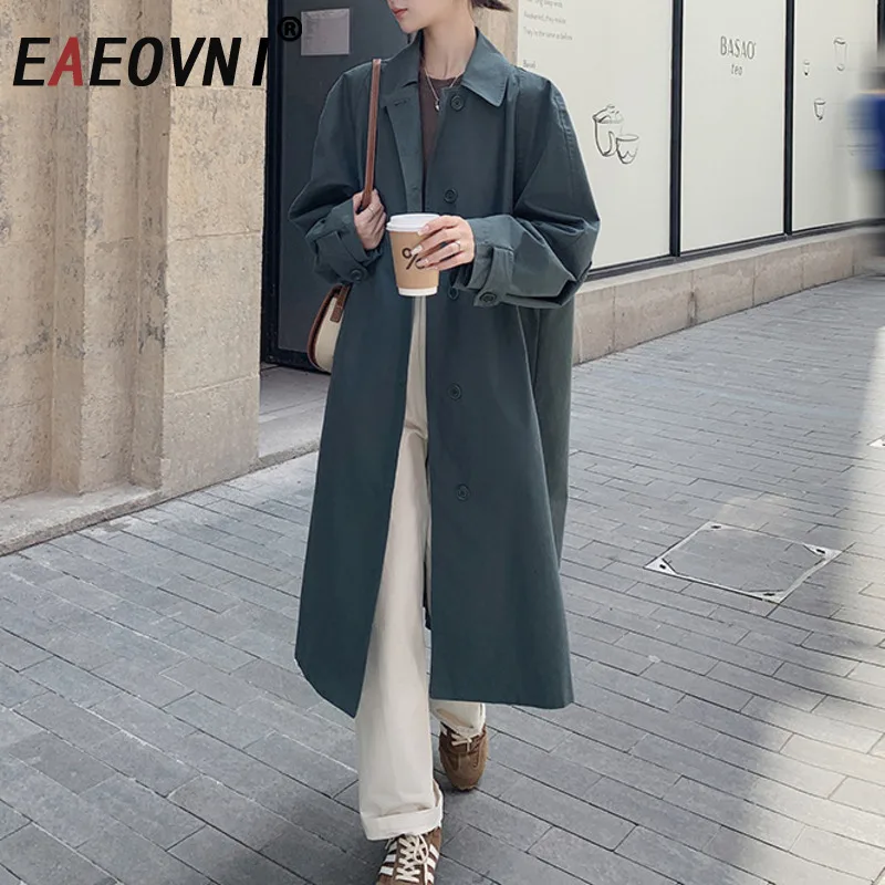 

EAEOVNI 2025 Autumn New Women Trench Coat Fashion Lapel Single Breasted Loose Long Windbreaker Office Lady Clothing