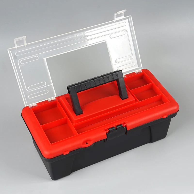 12'' Red & Black Plastic Tool Box with Handle, Multi-functional Zoning, Small Size for Easy-Carrying