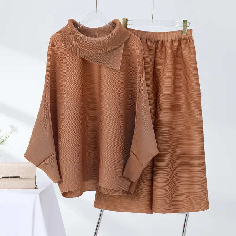 

2022 Spring New Women's Doll Sleeve Turtleneck T-Shirt Miyak folds Fashion Loose Large Size Office Lady Cropped Wide Leg Pants