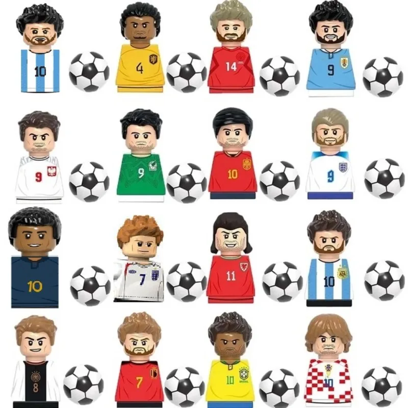 1-16PCS Messi Ronaldo Neymar Lewandowski Soccer World Famous Football Players Figurine Mini Action Building Block Toy Kids Gifts