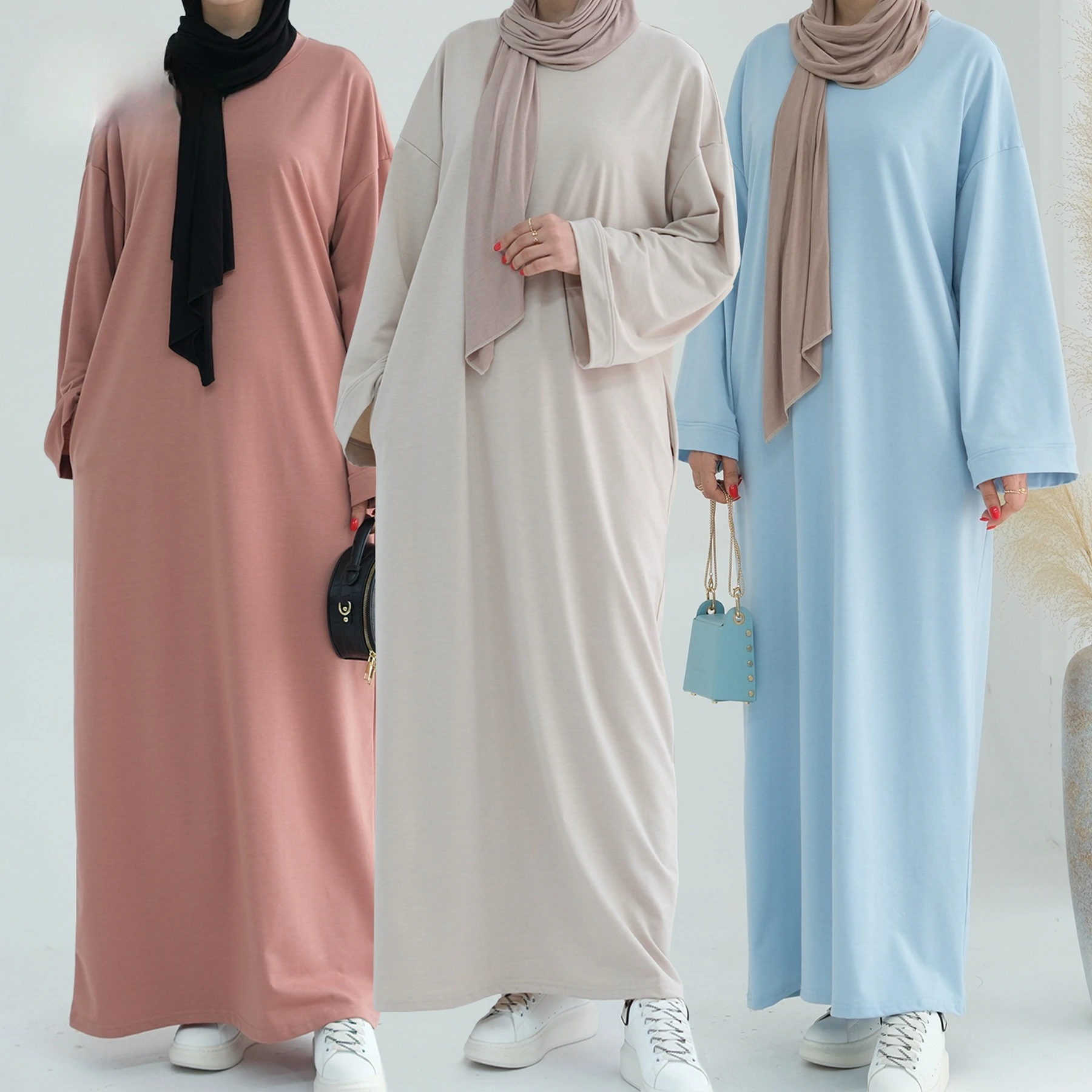 

Новинка: Длинные скромные платья с боковыми карманами, абайи для женщин, мусульманские платья, женская одежда