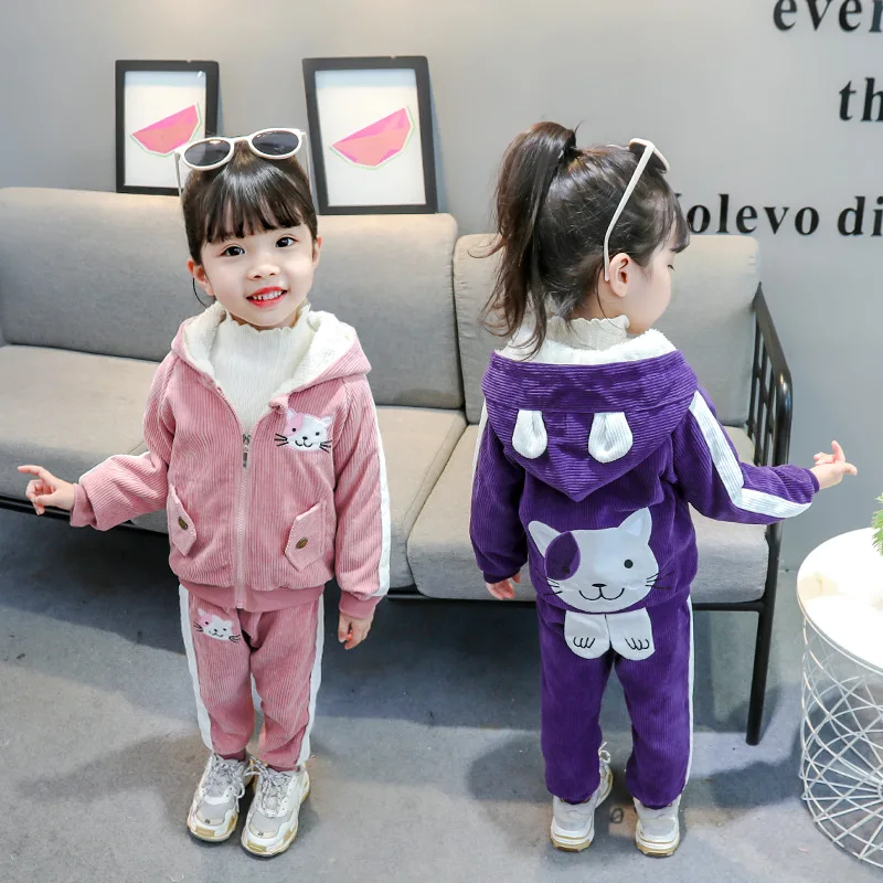 

2025 Winter Girls Fleece Hoodie Jacket Set Cute Cat Print Warm Thickened 2-Piece Outfit with Pants Toddler Casual Korean Style