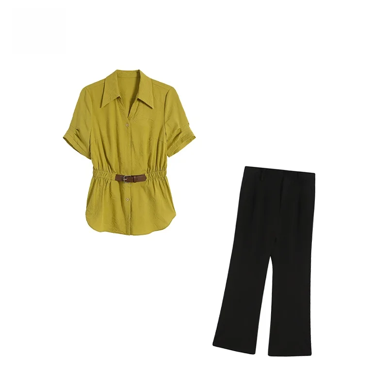 

plus Size Green Top Slimming Waist High Waist Polyester Fiber Fashionable Set with Long Pants for plus Size Women