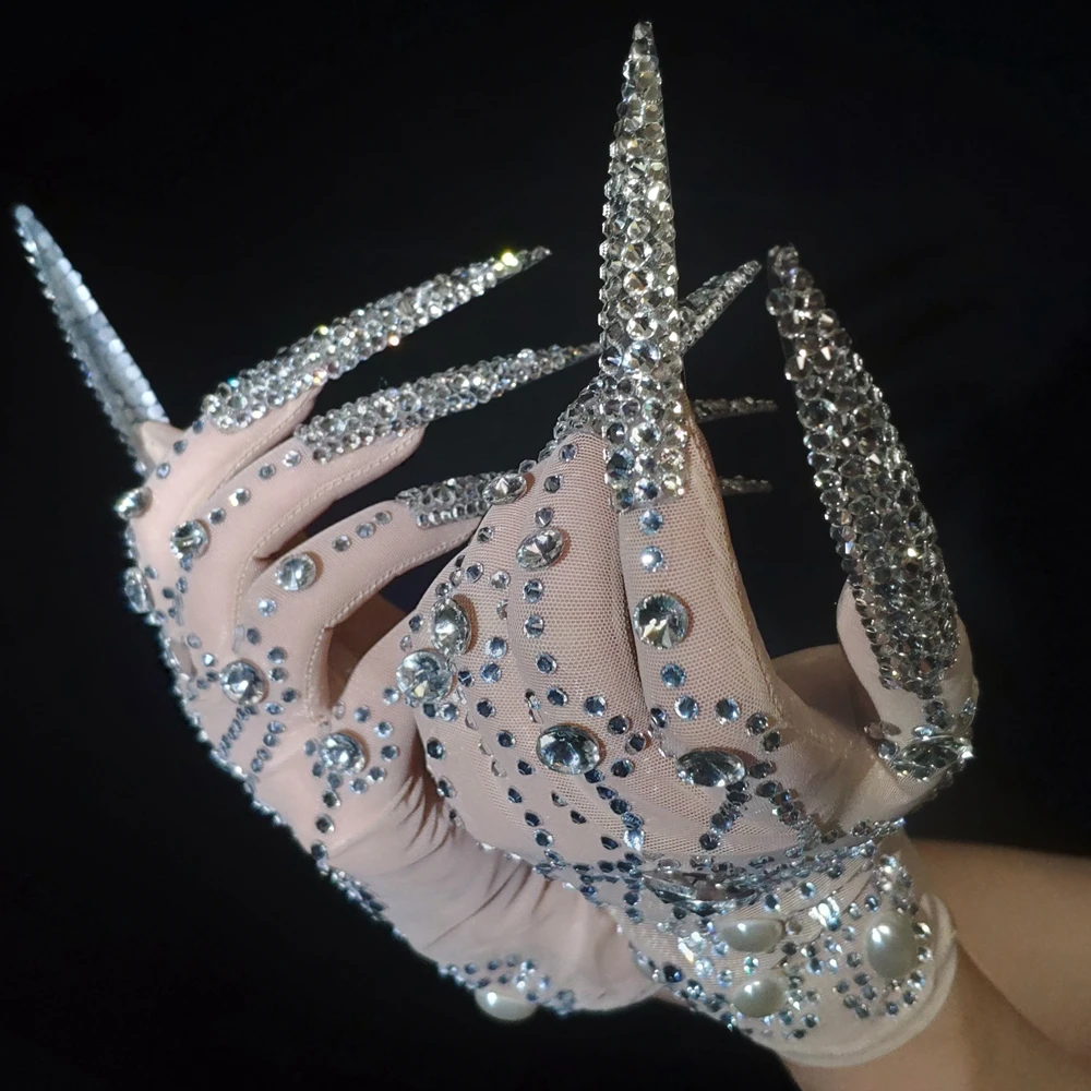 Guantes de perlas de diamantes de imitación AB para mujer, lujosos guantes de uñas de longitud grande, traje de Drag Queen, accesorios de actuación