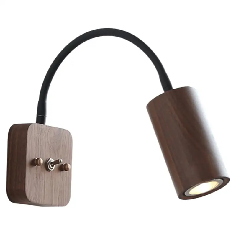 RMWIN-Vintage Design LED Wall Light Indoor Living Room Bedroom Round Walnut Wood Black Hose Wooden Bedside Lamp Applique