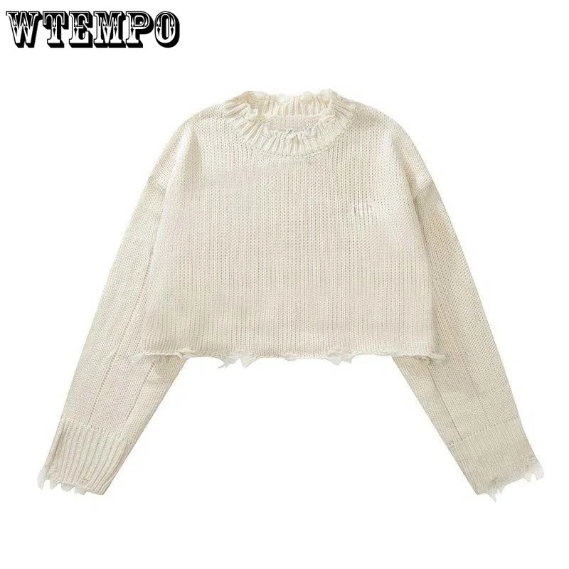 Hole Short Sweater High Waist Tassel Irregular Hem Women Pullover Long Sleeve Knit Top American Style Korean Fashion Hotsweet