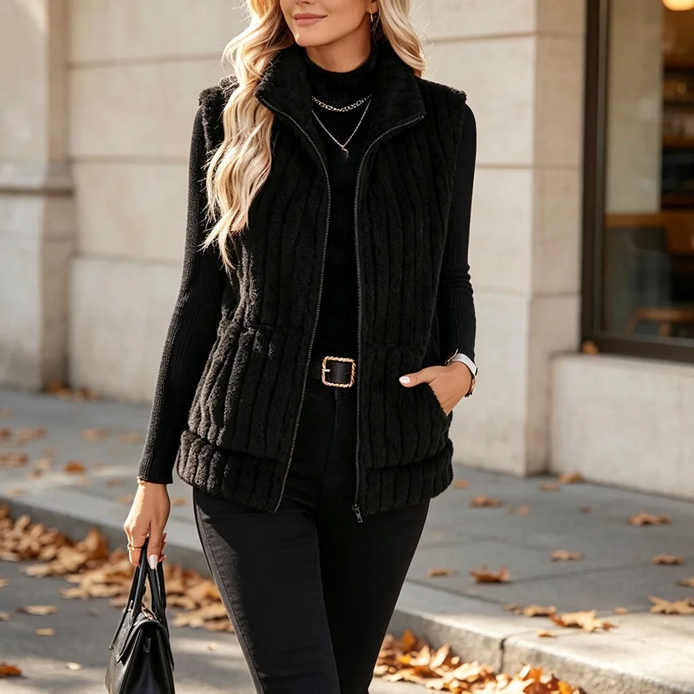 Womens Vertical Stripe Fleece Vest Polyester Material Sleeveless Collar Zip for front for Warm Weather Outdoor Use