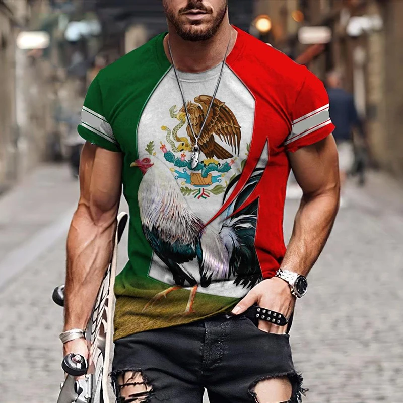 Mens T-Shirts Summer Tees Mexico Rooster Fight Champion 3D Print Casual Short Sleeve Shirt Unisex Harajuku Tops Women Streetwear