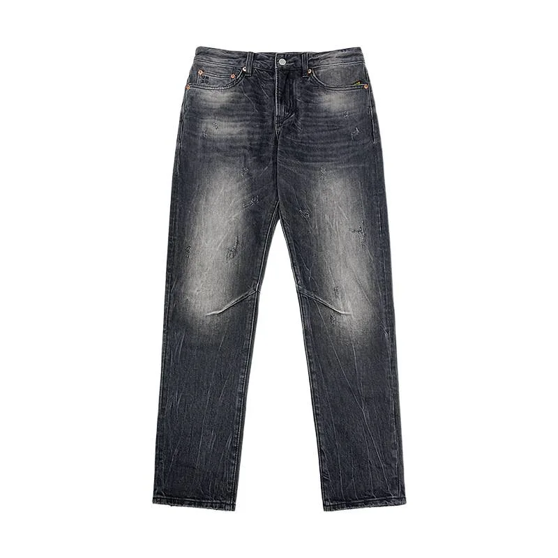 Retro black and gray jeans men 2025, with a scraped and polished white design, straight leg elastic pants