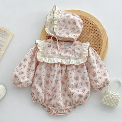 Autumn Spring Infant Baby Girl Bodysuits+Hat Cotton Long Sleeve Floral Printing Newborn Baby Girl Jumpsuit Baby Girl Clothing