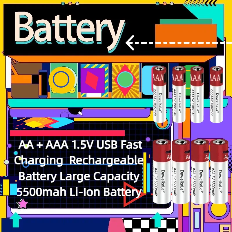AA + AAA 1.5 فولت USB شحن سريع بطارية قابلة للشحن سعة كبيرة 5500 مللي أمبير بطارية ليثيوم أيون للعبة التحكم عن بعد الماوس LED