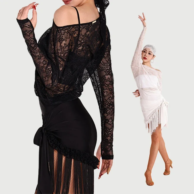 

Sexy Latin Dance Costume Women Samba Latin Dance Performance Clothes Mesh Top Fringed Skirt Adults Training Suits
