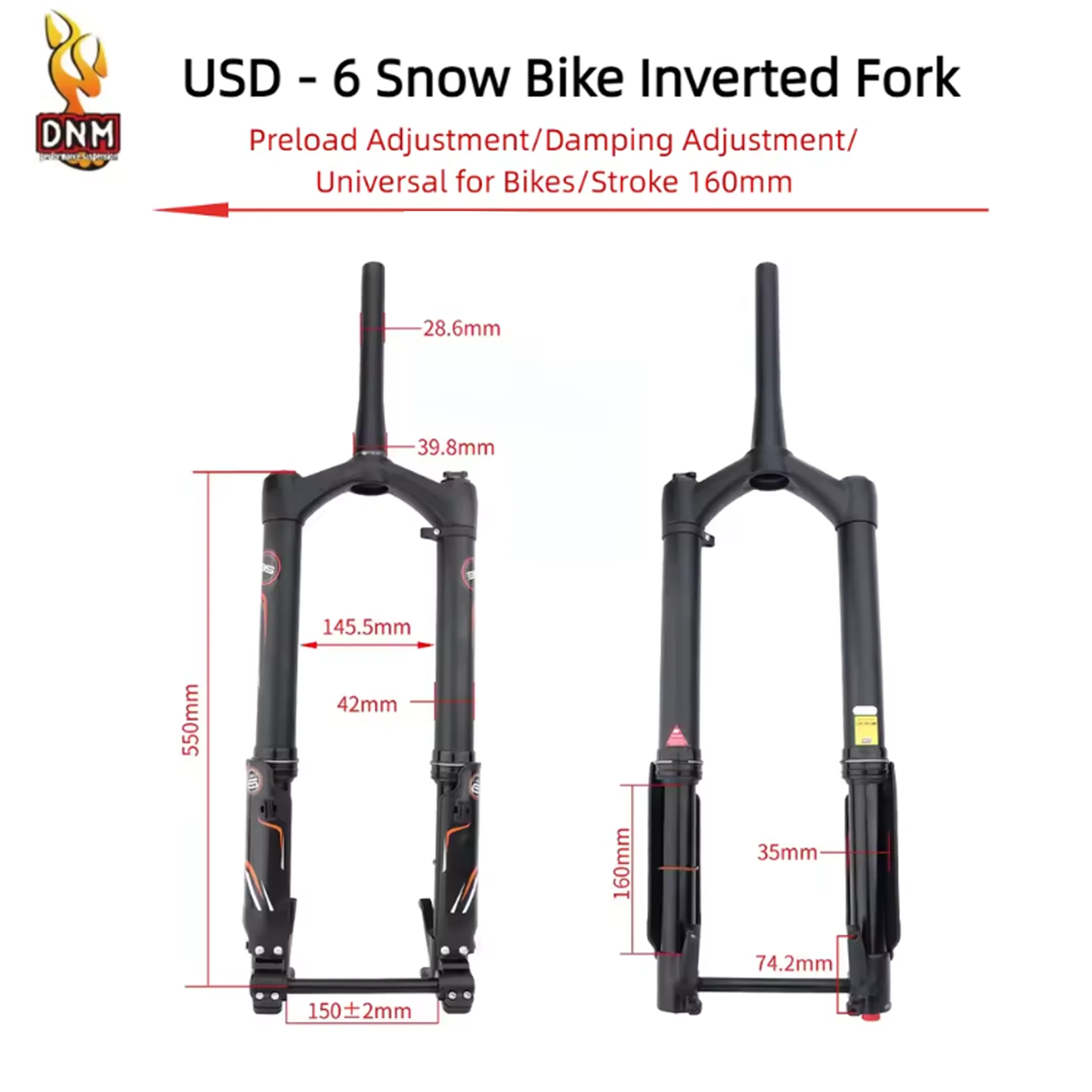 DNM 550mm USD-6 FAT 26/27.5 Inch Inverted Front Fork Coil Spring Snow Beach Fat Bike 160mm Travel 15*150mm Axle Taper Tube
