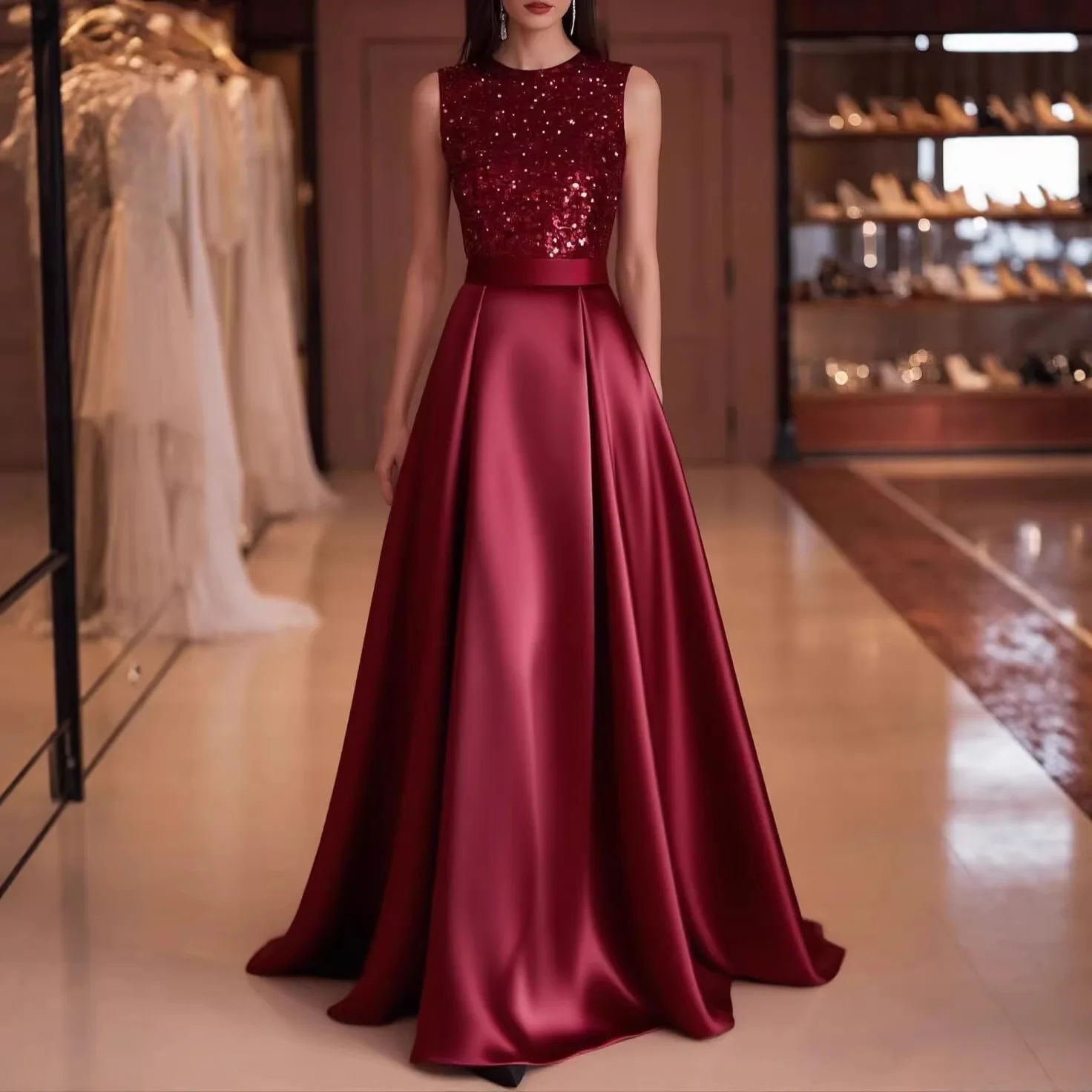 Abito da sera in raso senza maniche con scollo rotondo e corpetto di paillettes, linea ad A, lunghezza al pavimento, con tasche, per cerimonie, balli di fine anno e matrimoni