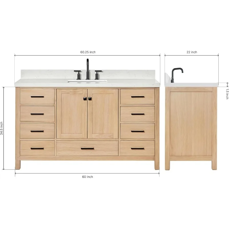 60'' Bathroom Vanity with Sink, American White Oak Solid Wood, 1.5 Inch Edge Carrara White Quartz Countertop & Backsplash