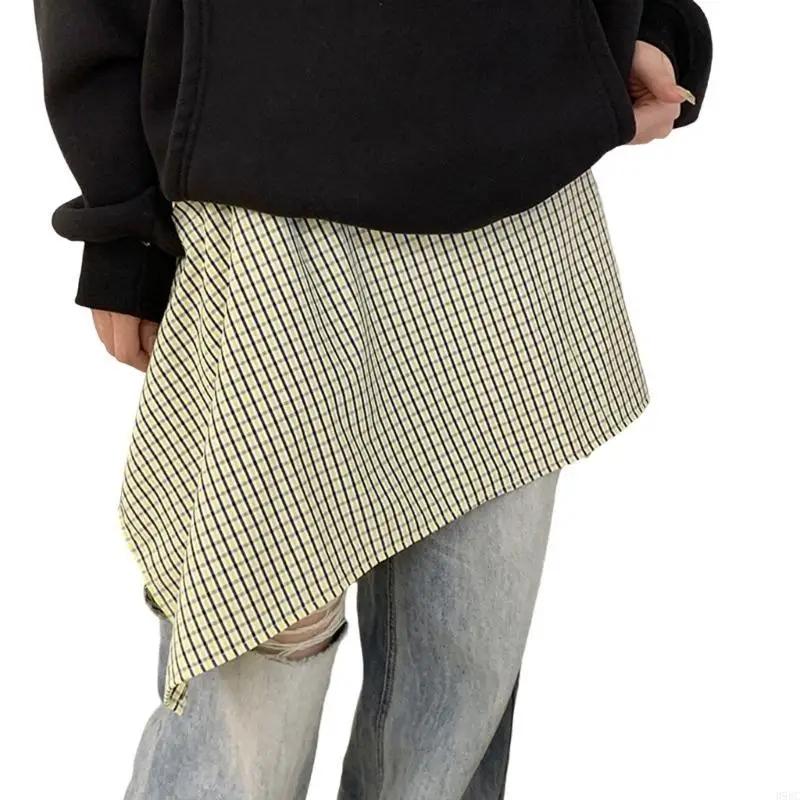 39BC Women Hip Scarf Checkered Wrap Skirt Layered Irregular Shirt Underskirt Cover Up