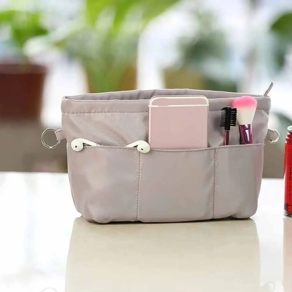 Multi-Pocket Insert Cosmetic Bag with Zipper Large Capacity Nylon Toiletry Bag Solid Color Multifunctional Storage Bag Room