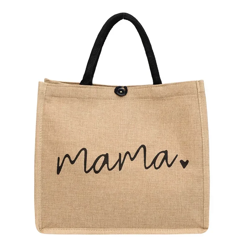 Women Mama Letter Printing Tote Bag Large Capacity Baby Diapers Storage Bag Casual Fashion Linen Shopping Handbag Gifts for Mom