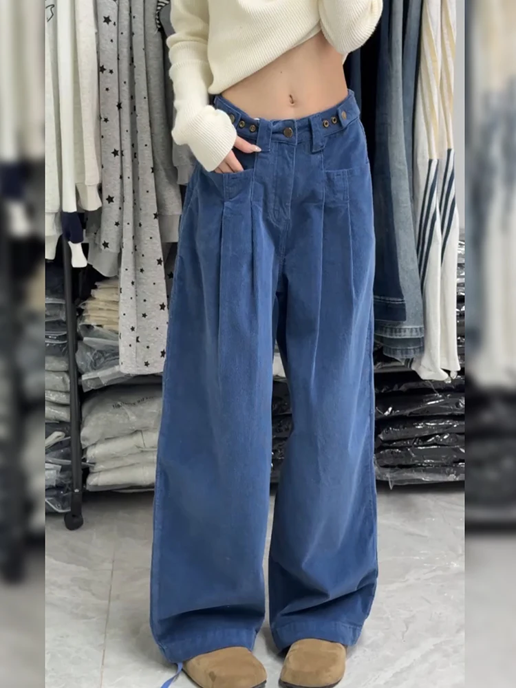 

Американский уличный дизайн, сложенные рабочие брюки, женские винтажные вельветовые брюки длиной до пола с небольшой регулировкой талии