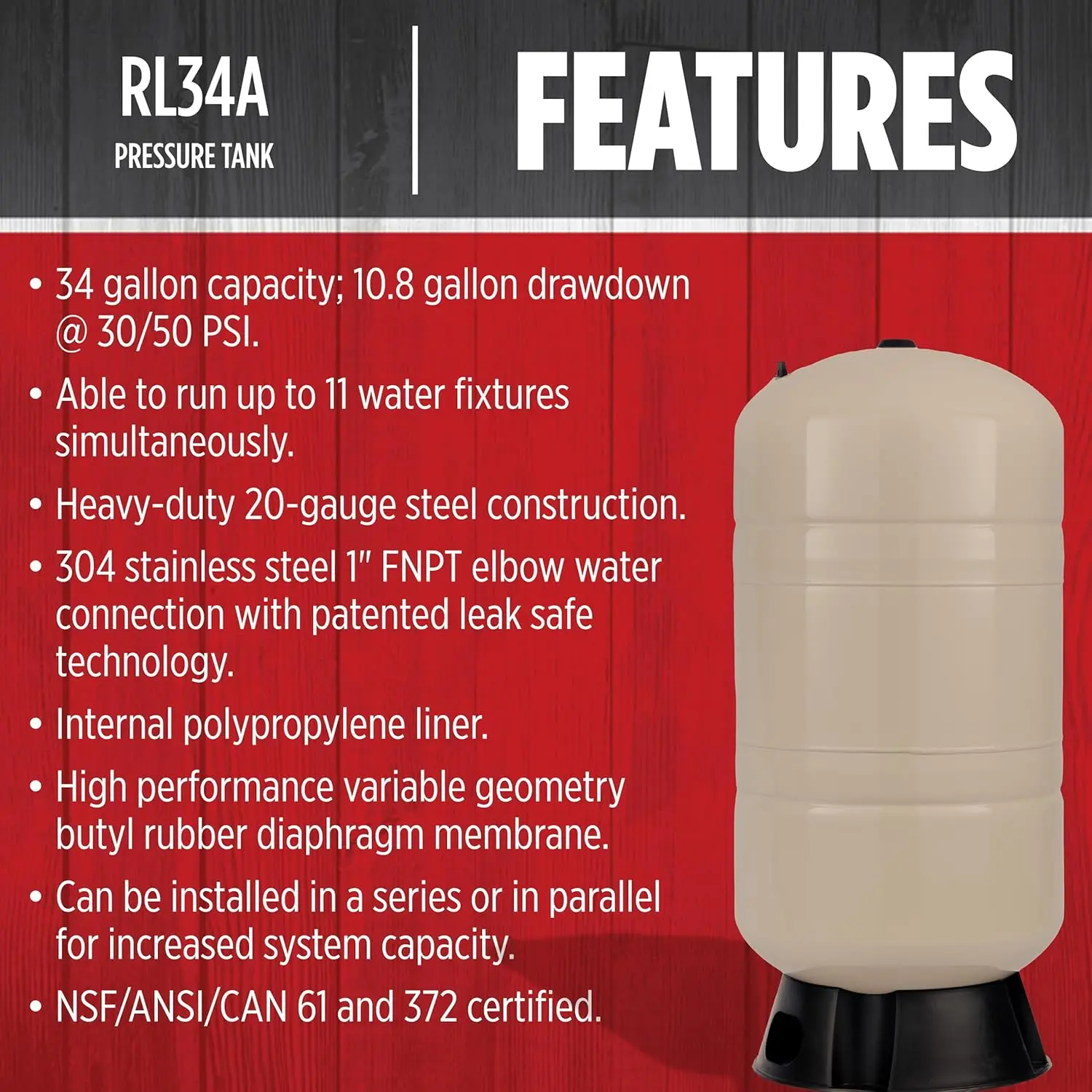 RL34A 34-Gallon Vertical Pre-Charged Pressure Tank with Thermoplastic Base for Well Pumps, 1-Inch FNPT System Connection,604683