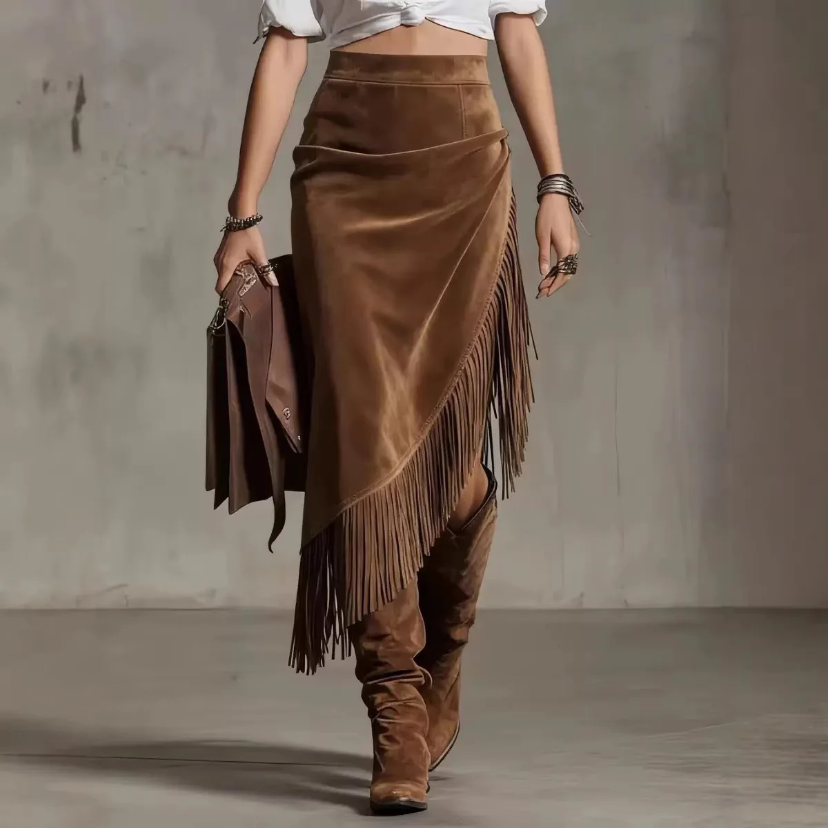 Europäischer und Amerikanischer Retro-Stil Einfarbiger Quasten-Midirock mit Hoher Taille und Asymmetrischem Saum aus Wildleder – Detail 4