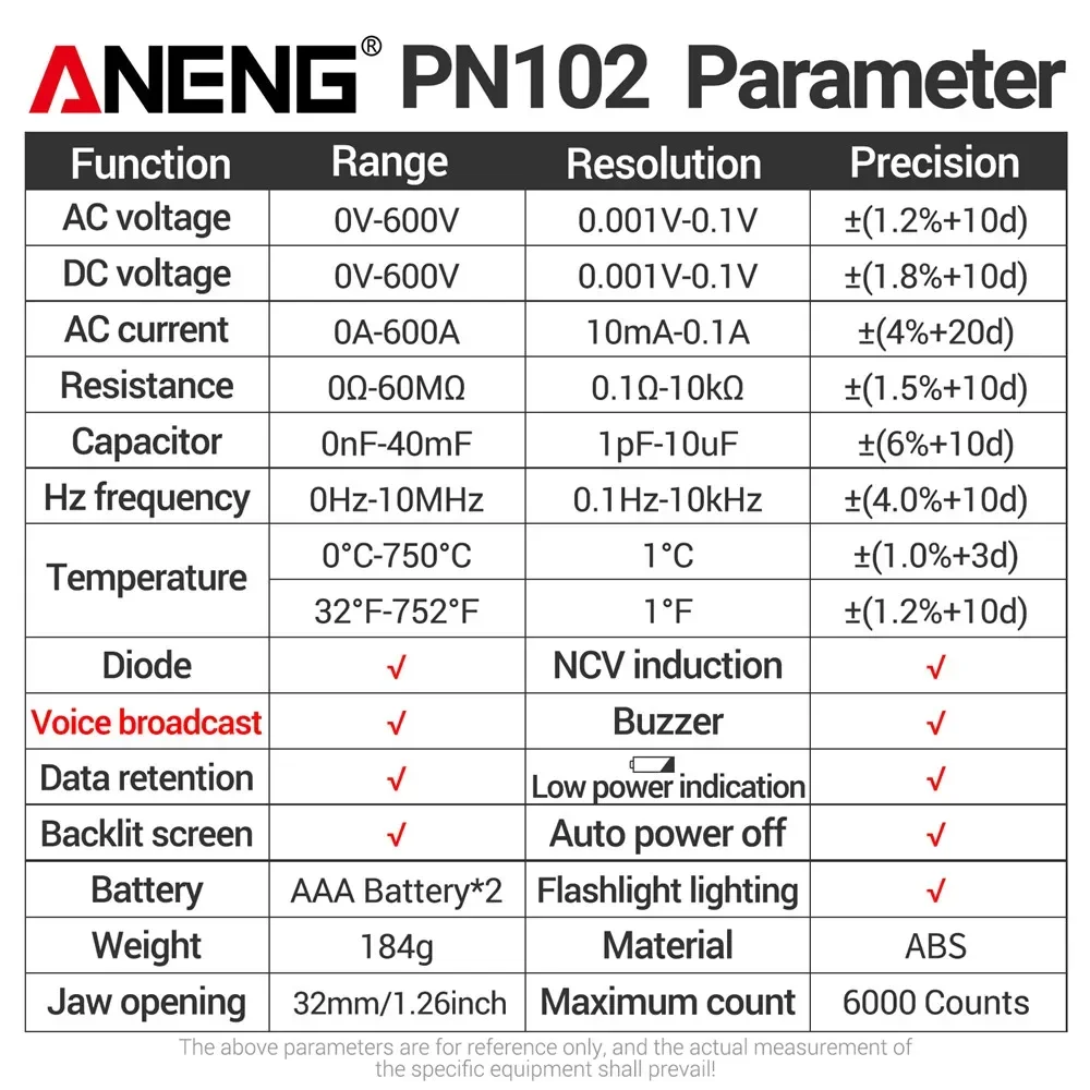 ANENG PN102+ Multimeter 600A High Current Energy Meter Test Transformer Clamp Home Voice Control Auto-range Display Measure Tool