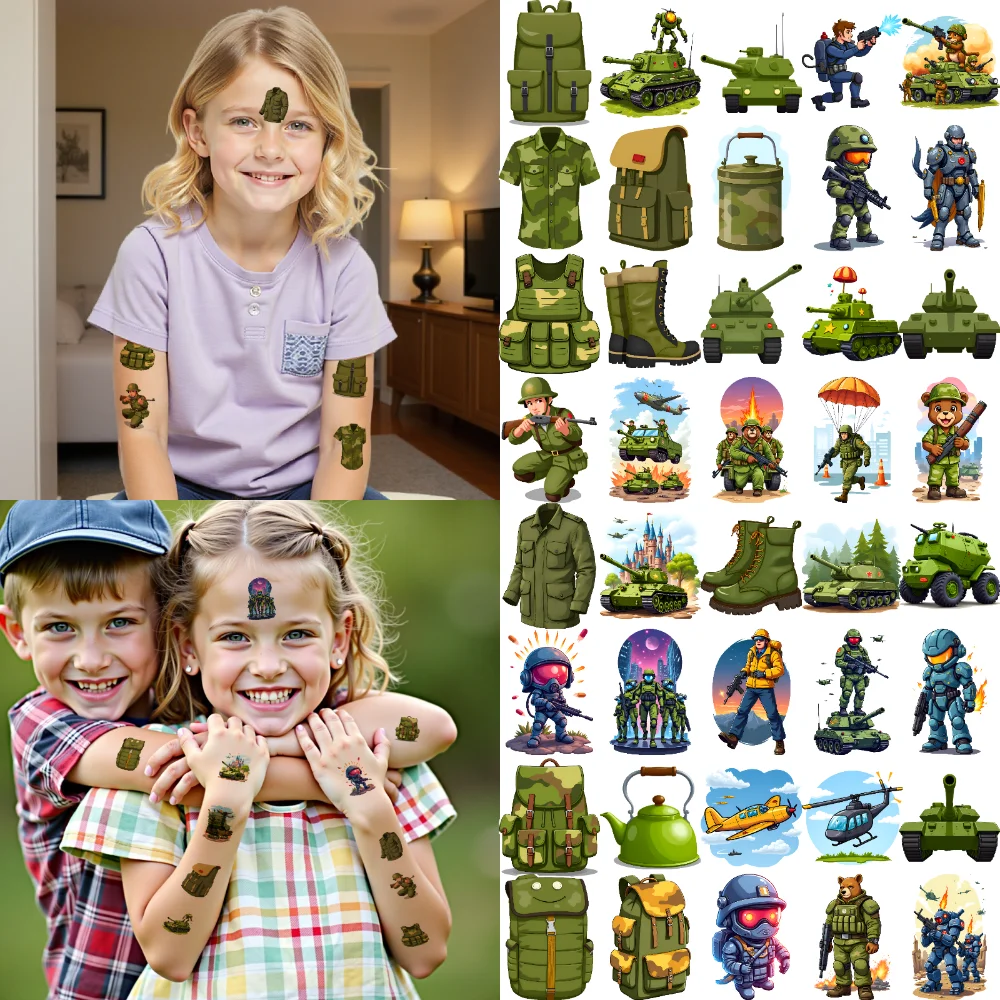 

54 шт., временные татуировки, военные значки, мультяшные солдаты с героями мультфильмов, водонепроницаемые долговечные наклейки на тело для щек, рук, мужчин