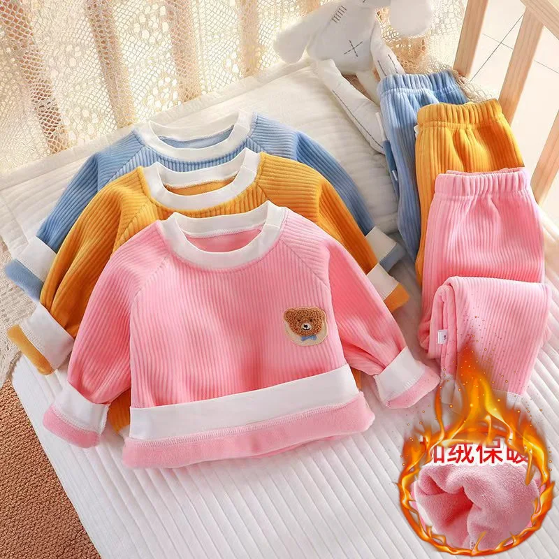 

Детские комплекты на флисовой подкладке, зимние костюмы с подкладкой для мальчиков и девочек, детские утепленные пижамы + штаны, 2 предмета, домашняя одежда для малышей, От 1 до 6 лет