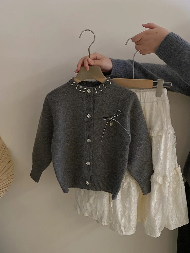 

Girls' Rhinestone Bow Sweater Cardigan New Velvet Lace Trim Fleece Cake Skirt Set