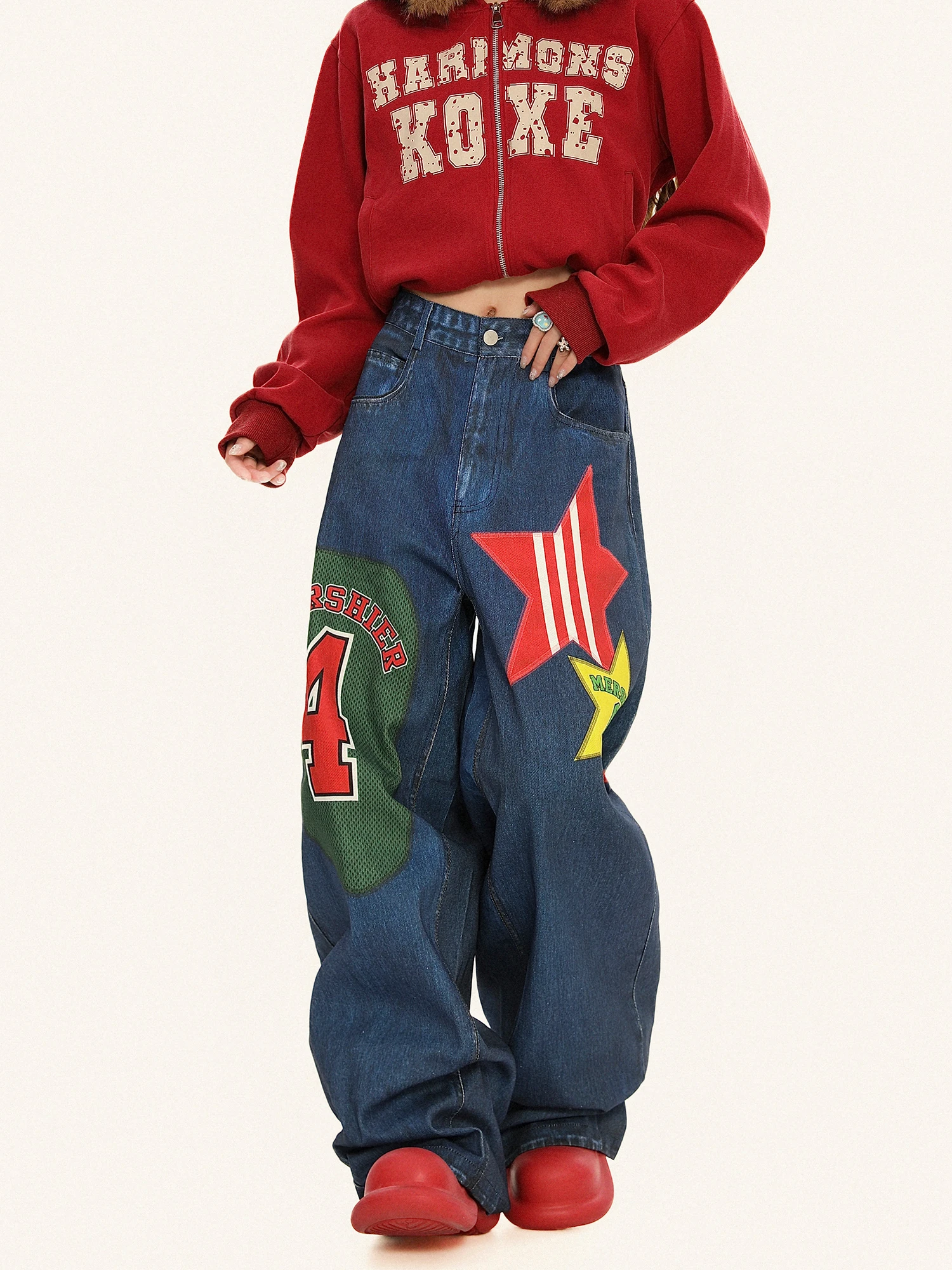 

Свободные широкие джинсы, женские повседневные брюки длиной до пола, модные брюки со звездами и цифровым принтом в американском стиле Brolly Cookie