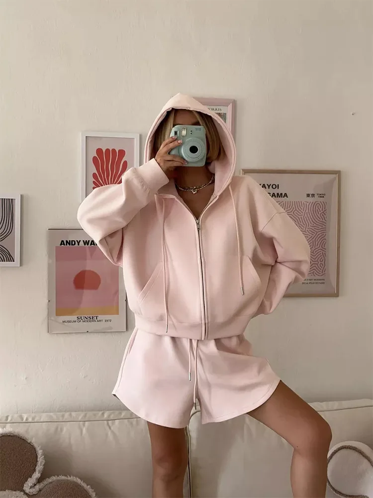 

Spring Women's Suit with Shorts Cotton Oversize Pink Zipper Top and Shorts Set Two-piece Casual Tracksuit with Shorts for Women