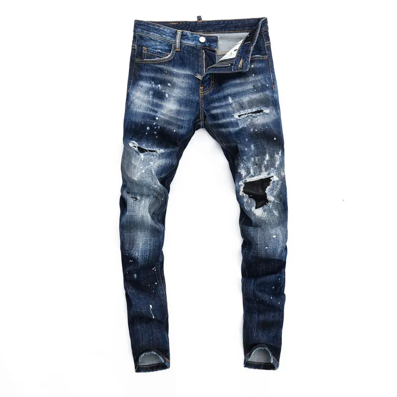 Fashion Streetwear Men Jeans Retro Blue Stretch Slim Fit Ripped Jeans Men Leather Patched Designer Hip Hop Brand Pants Hombre