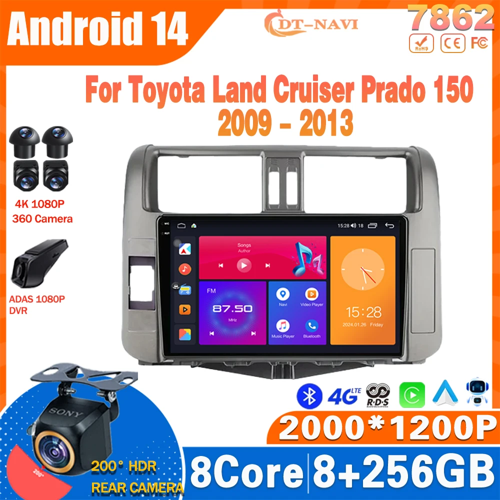 Android 14 Car Radio For  Toyota Land Cruiser Prado 150 2009 - 2013 Multimedia Video Player GPS Carplay Stereo NO 2Din DVD 4G BT