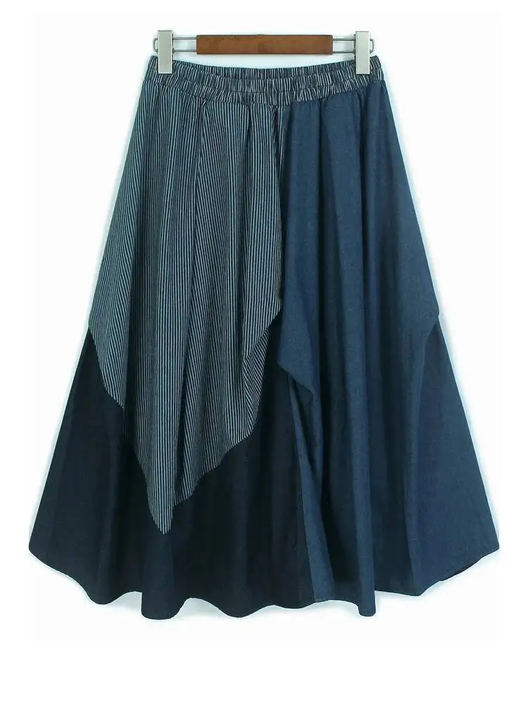 

Джинсовая юбка трапециевидной формы с высокой эластичной резинкой на талии в синюю полоску, женская модная новинка весны и осени