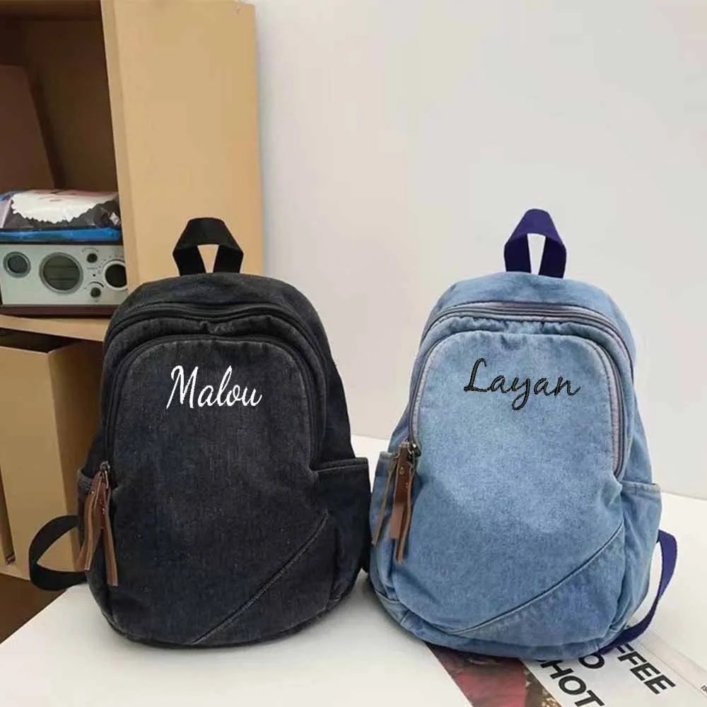 

Personalized Custom Retro Denim Backpack, Embroidered Large Capacity, Lightweight, Minimalist, Casual, Student Travel Backpack